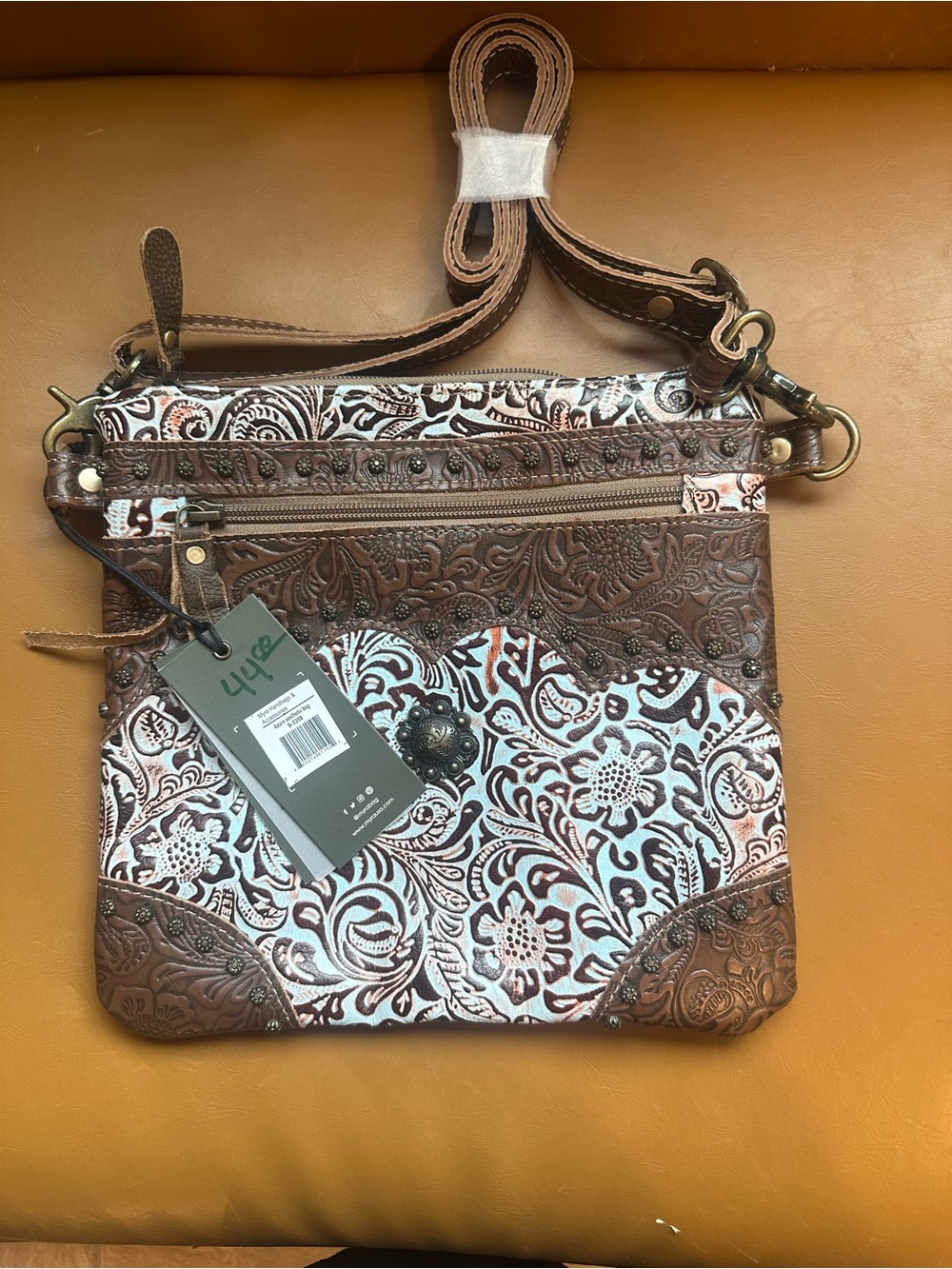 Myra Bag Brown and White Floral Embossed Crossbody